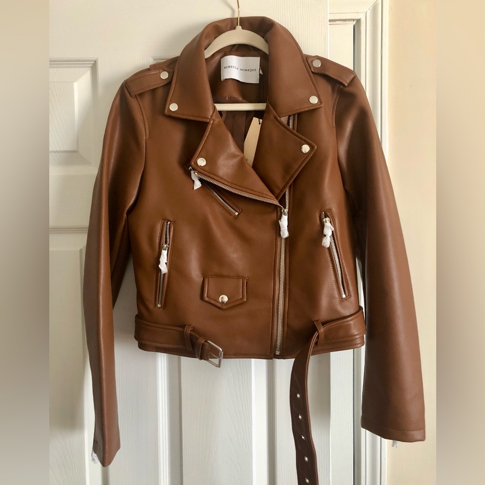 Rebecca Minkoff Faux Leather Moto Jacket Cognac S